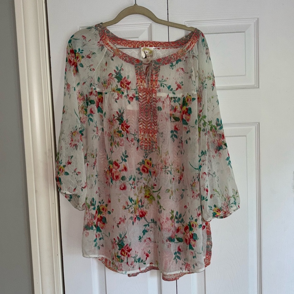 Anthropologie Sheer Floral Blouse in Cream with Pink, Red, Green Accents
